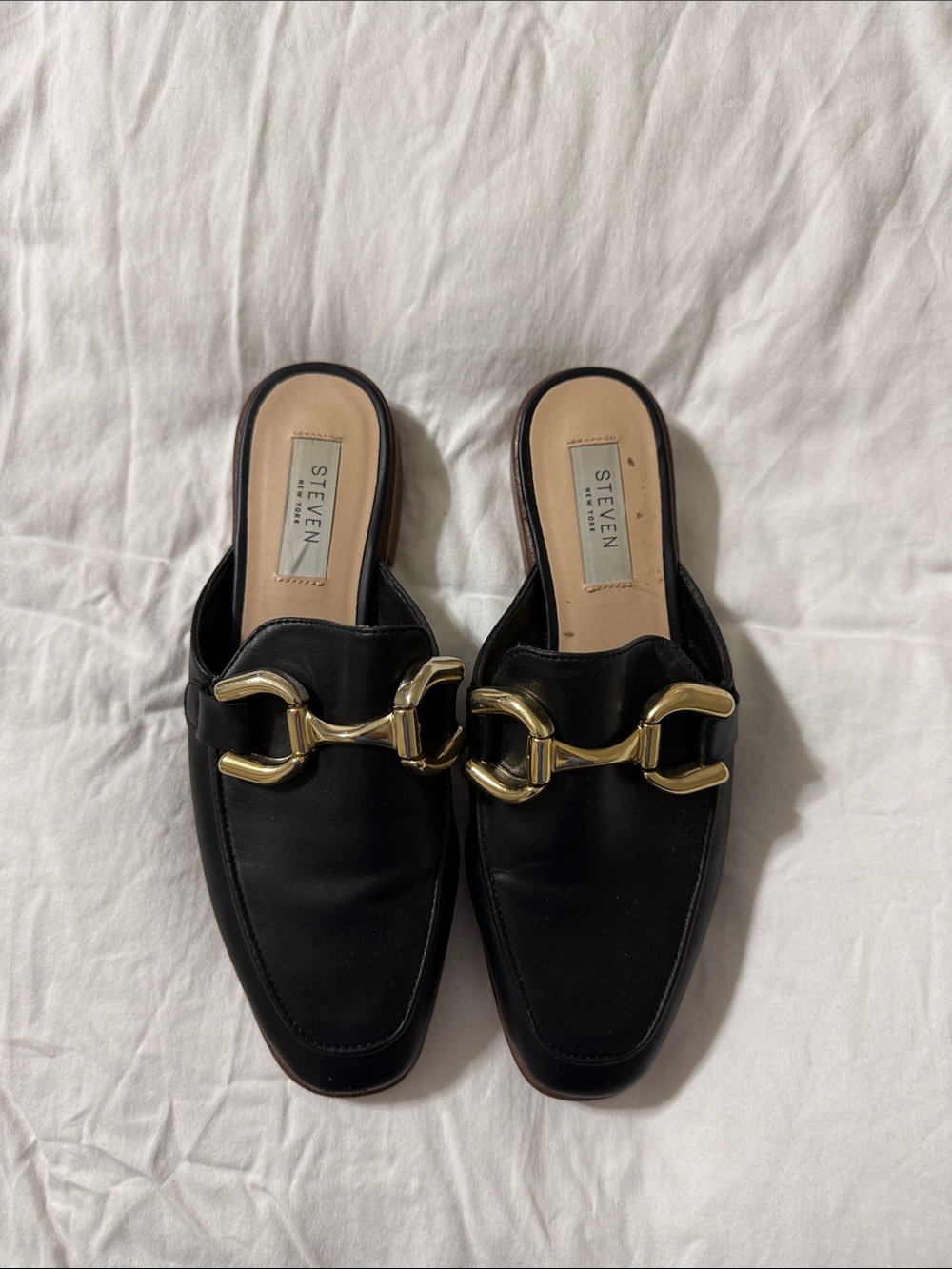 Steven by Steve Madden Black Leather Mule Loafers with Gold Chain